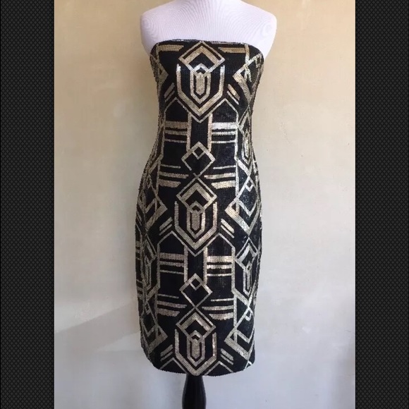 RALPH LAUREN Black Gold Sequined Strapless Dress 2 - Picture 3 of 6
